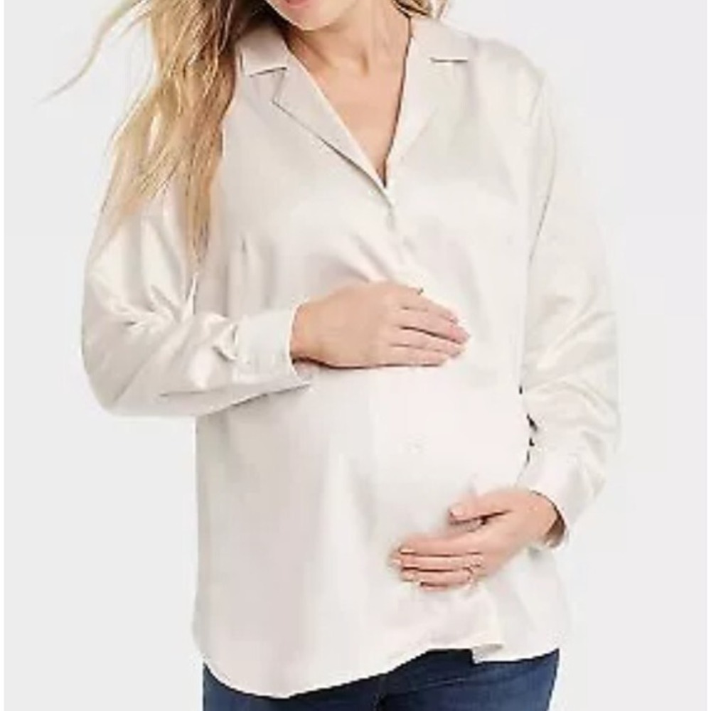 Long Sleeve Satin Button-Front Maternity Shirt - Isabel Maternity by Ingrid sz M